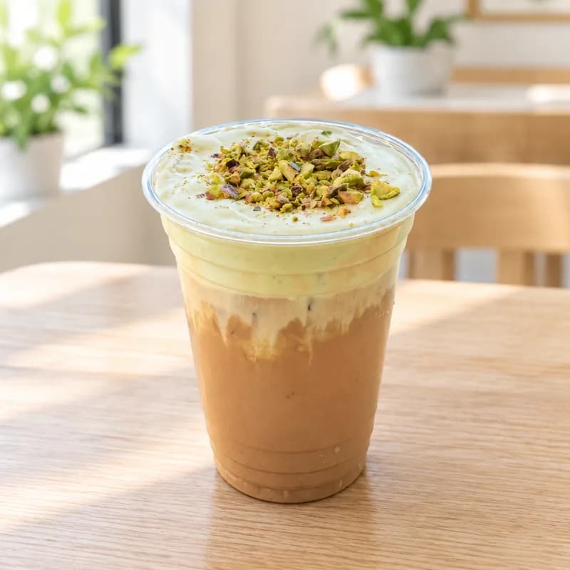 Pistachio Vietnamese iced coffee topped with pistachio cream