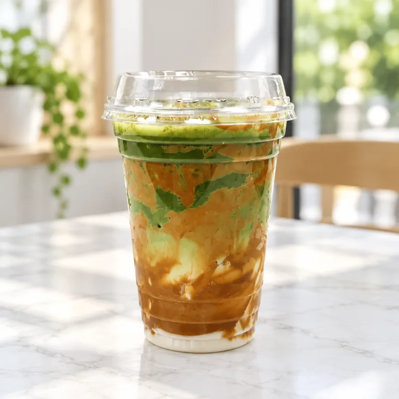 A layered iced matcha milk tea