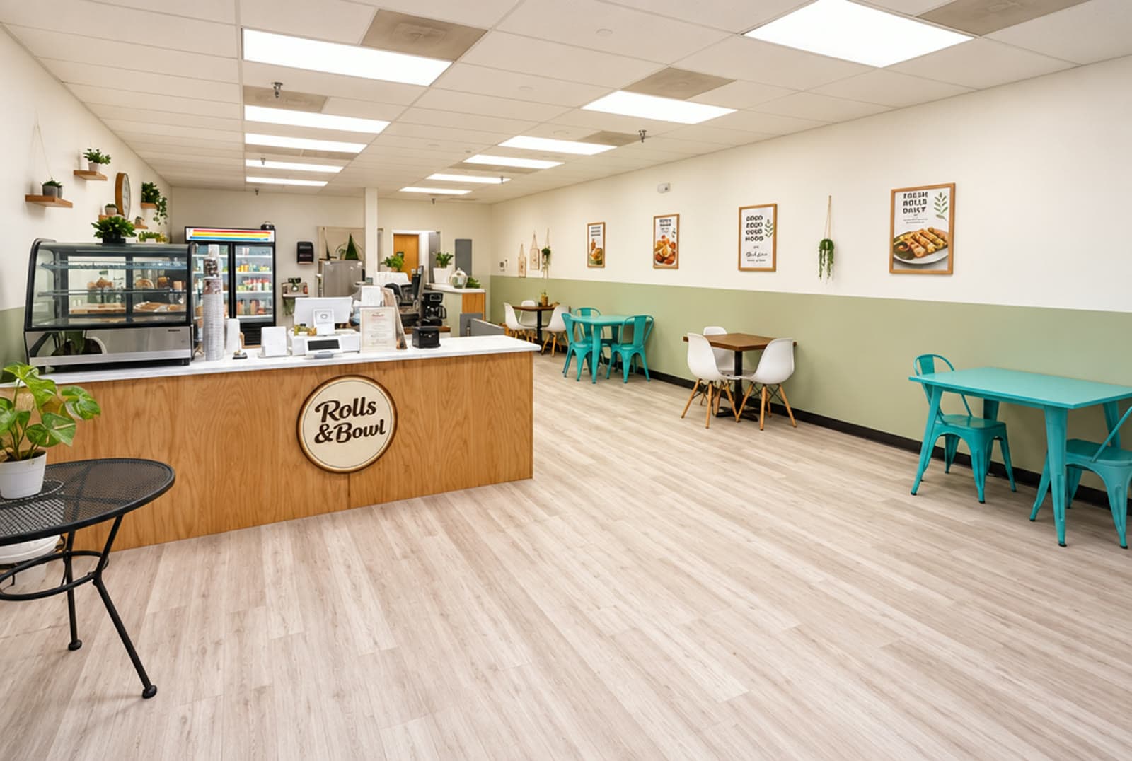 Inside the Rolls & Bowl café in West Des Moines — the counter and seating