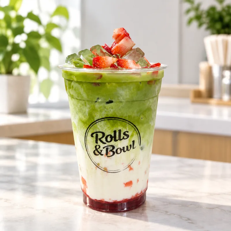 Strawberry matcha latte in a Rolls & Bowl cup
