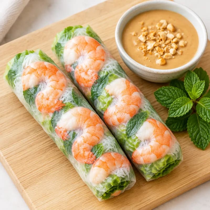 R&B fresh spring rolls with pork and shrimp on a board with peanut sauce