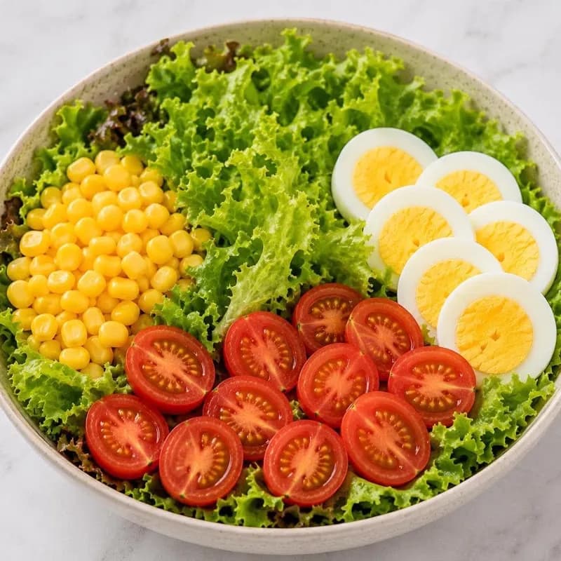 Chef salad bowl with greens, corn, tomatoes, egg and cheddar